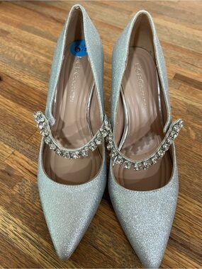 BCBGeneration Silver Glitter Pointed Mary Jane Pumps with Crystal Strap
